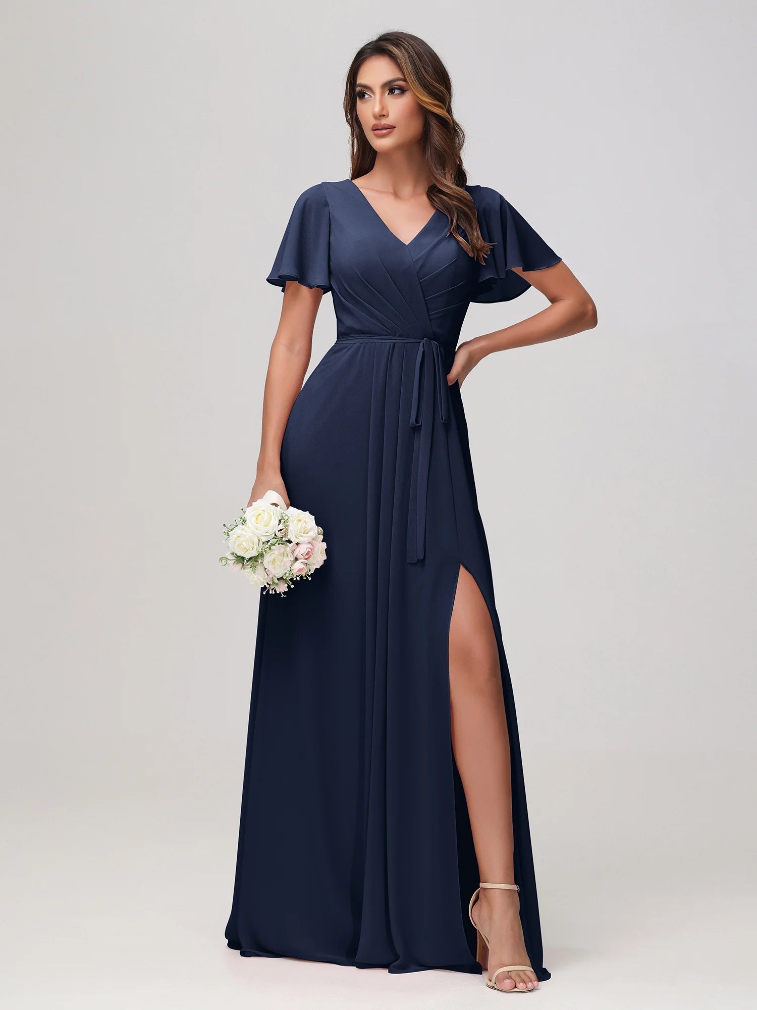 Boat Neck Flutter Sleeve Chiffon A-Line Bridesmaid Maxi Dress with Waist Tie & Pockets