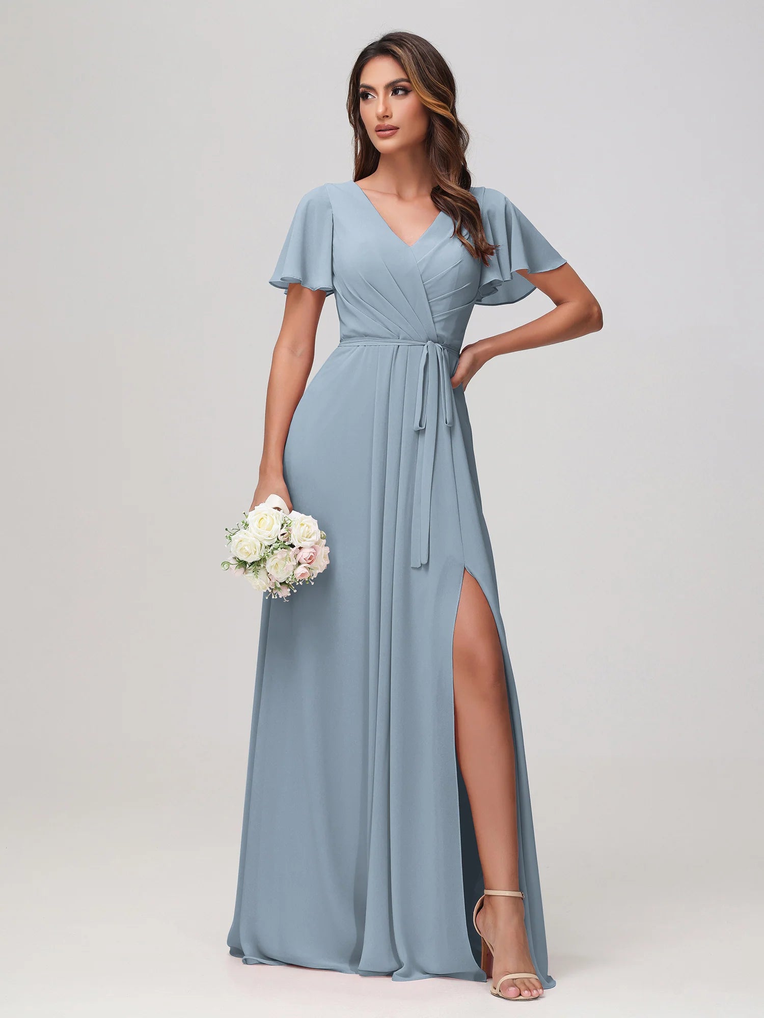 Boat Neck Flutter Sleeve Chiffon A-Line Bridesmaid Maxi Dress with Waist Tie & Pockets