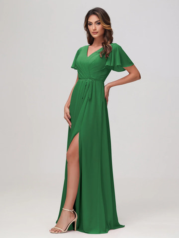 Boat Neck Flutter Sleeve Chiffon A-Line Bridesmaid Maxi Dress with Waist Tie & Pockets