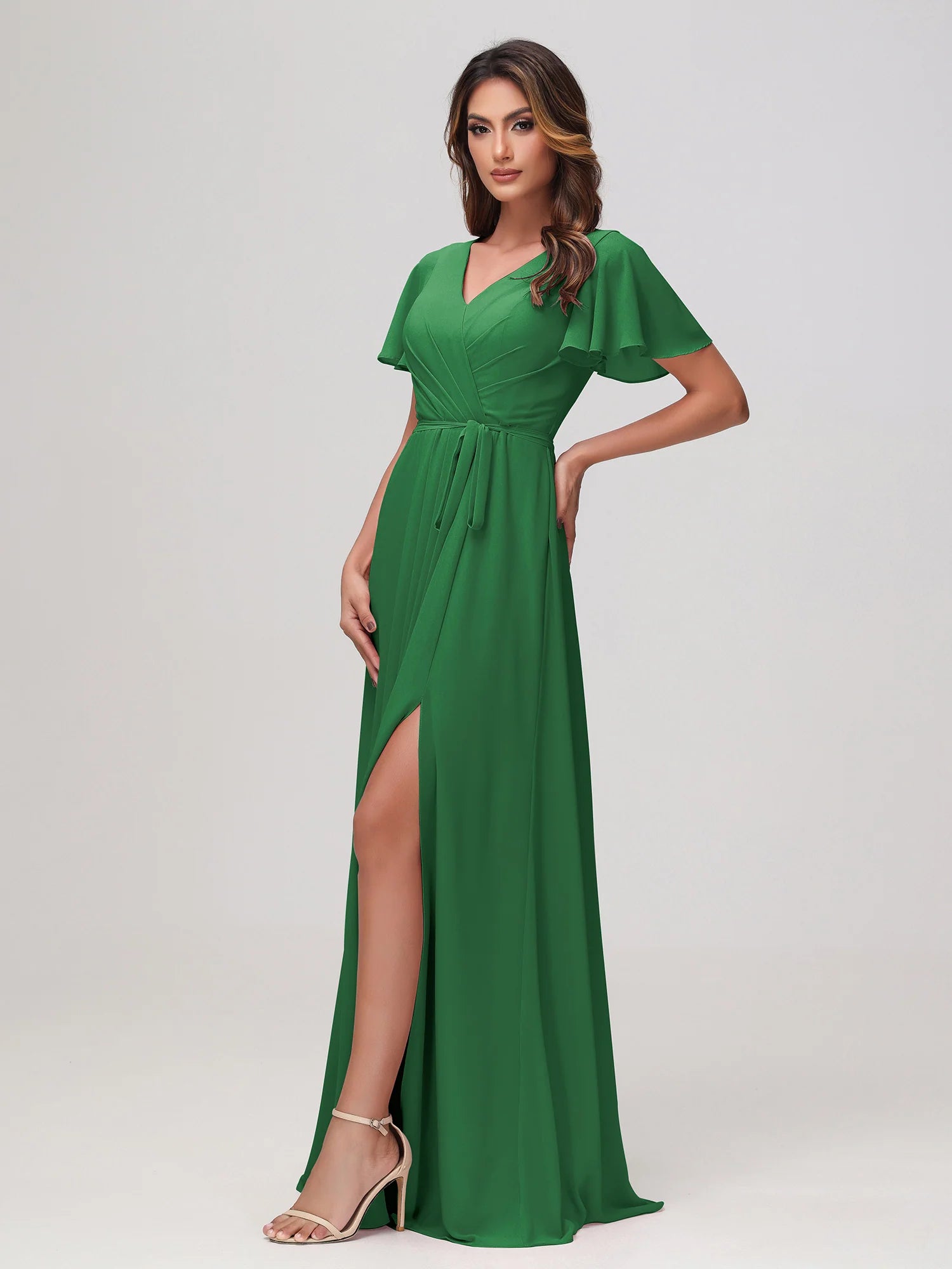 Boat Neck Flutter Sleeve Chiffon A-Line Bridesmaid Maxi Dress with Waist Tie & Pockets