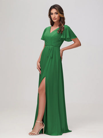 Emerald green V-neck chiffon bridesmaid dress with short flutter sleeves, pleated bodice, tie waist, and front slit by Vedress