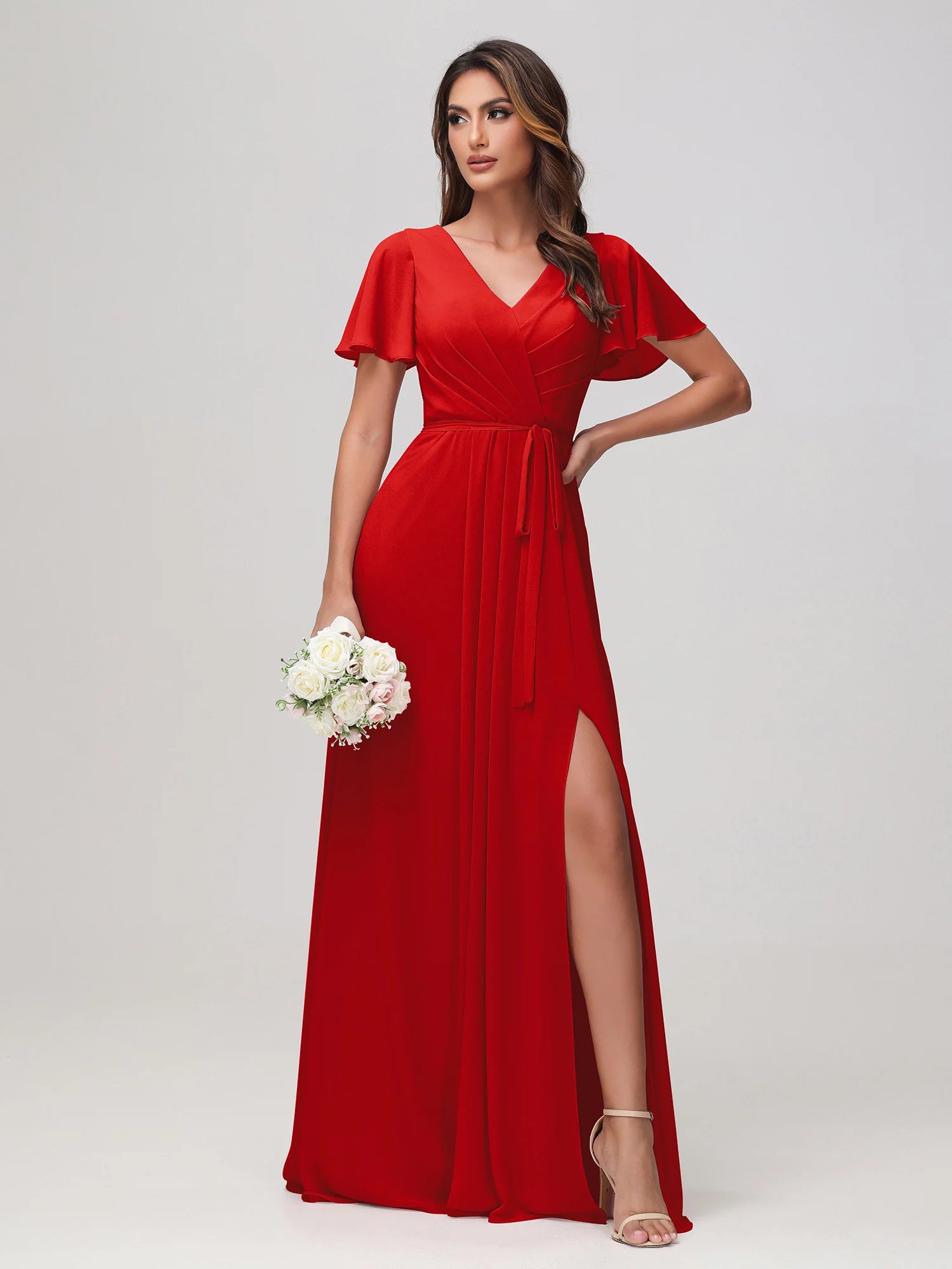 Boat Neck Flutter Sleeve Chiffon A-Line Bridesmaid Maxi Dress with Waist Tie & Pockets