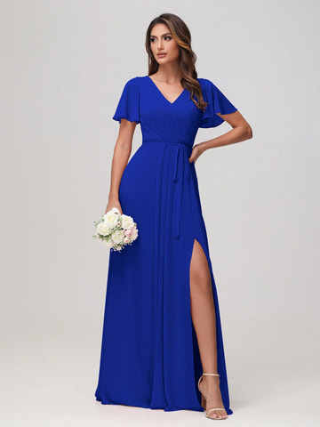 Boat Neck Flutter Sleeve Chiffon A-Line Bridesmaid Maxi Dress with Waist Tie & Pockets