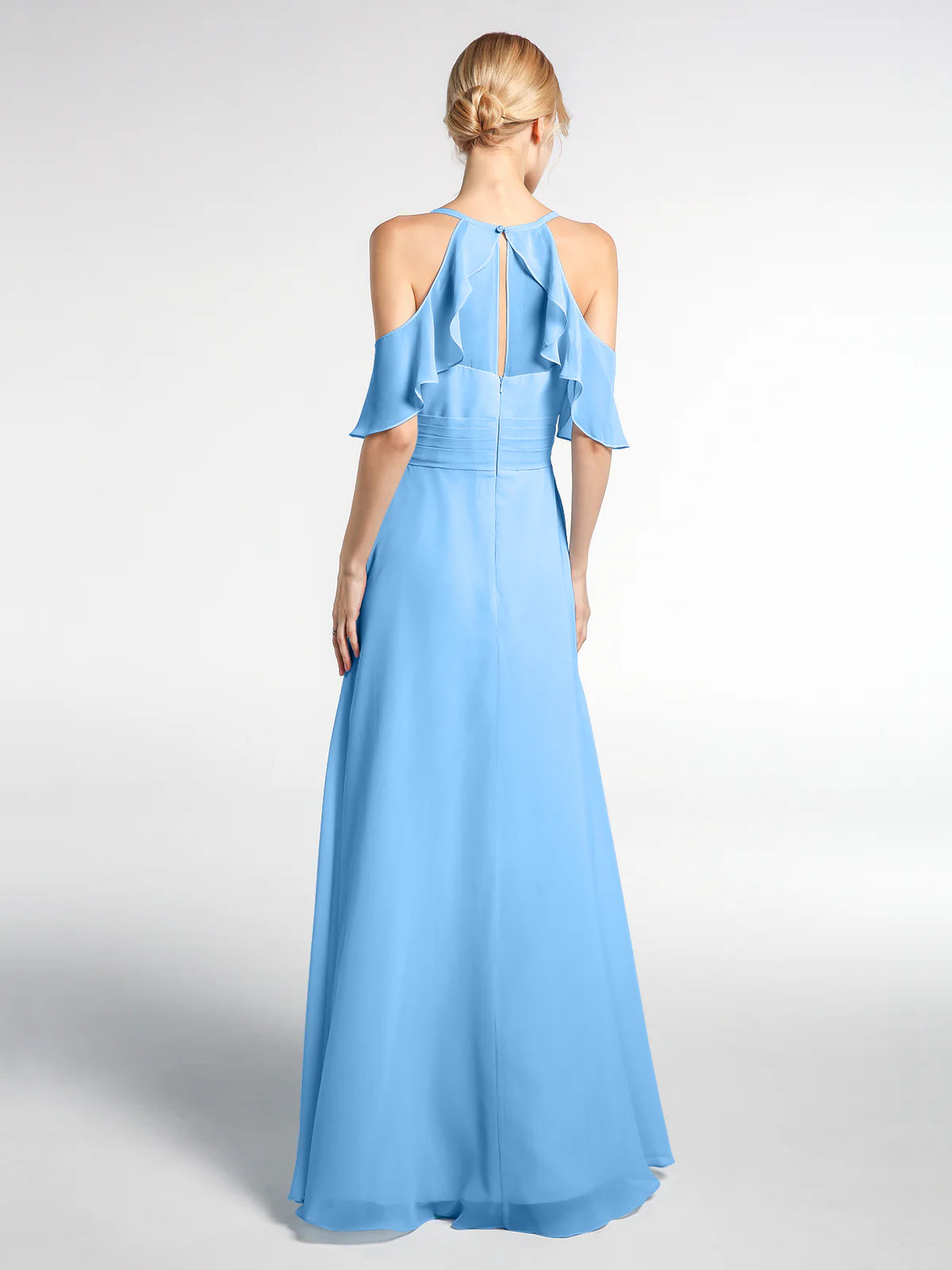 Vestido maxi de chifón para dama de honor con escote corazón, hombros descubiertos, volantes y abertura