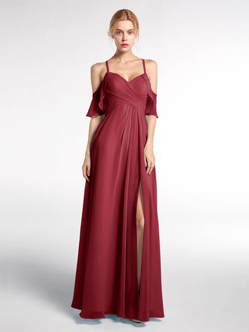 Cold Shoulder Sweetheart Neck Ruffle Chiffon Bridesmaid Maxi Dress with Slit