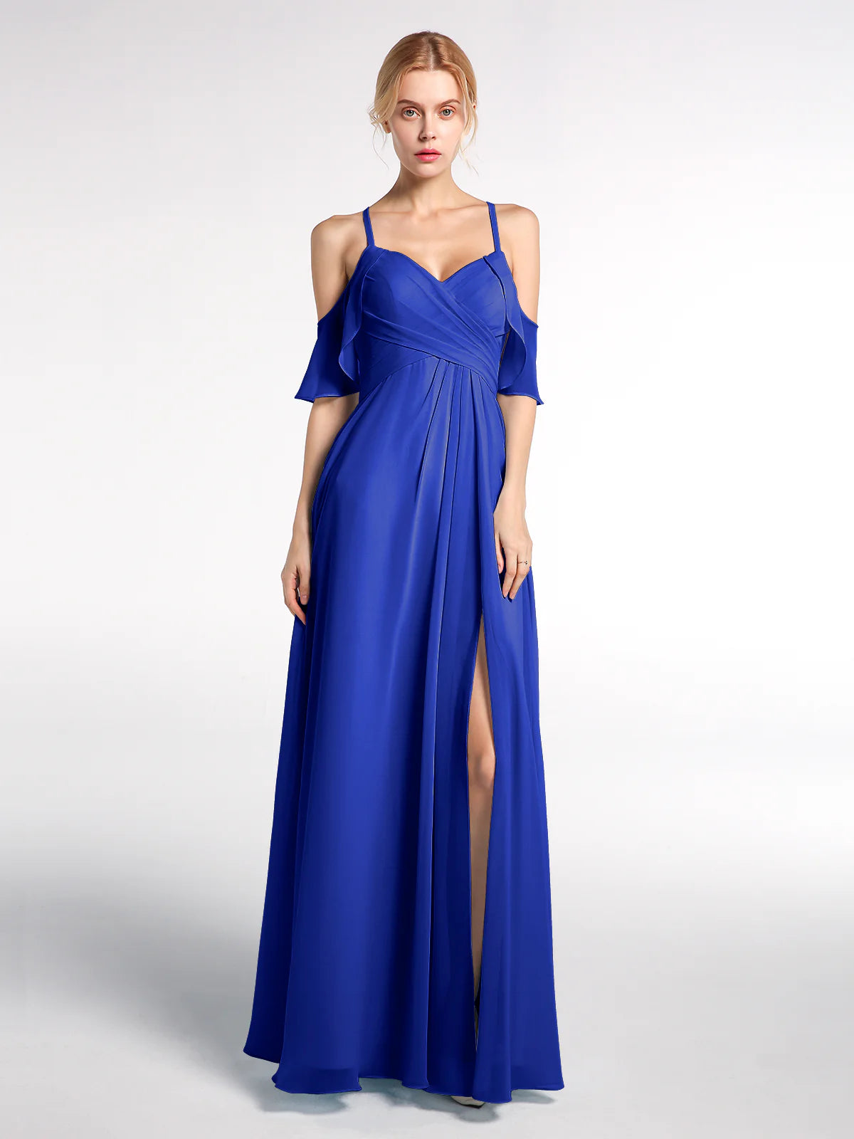 Vestido maxi de chifón para dama de honor con escote corazón, hombros descubiertos, volantes y abertura