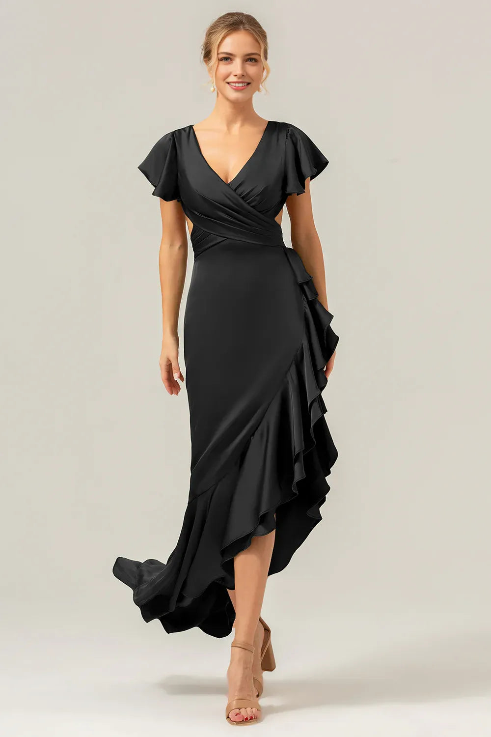Refined Sheath V-Neck Flutter Sleeve Satin Side-Cutout Ruffle High-Low Formal Wedding Guest Dress