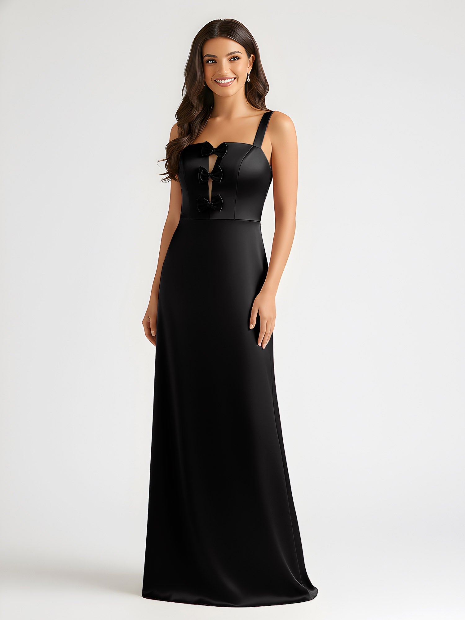 Vestidos de fiesta de graduación de satén, vestido largo formal, cuello cuadrado asimétrico con detalle de lazo, para invitadas de boda y ocasiones especiales