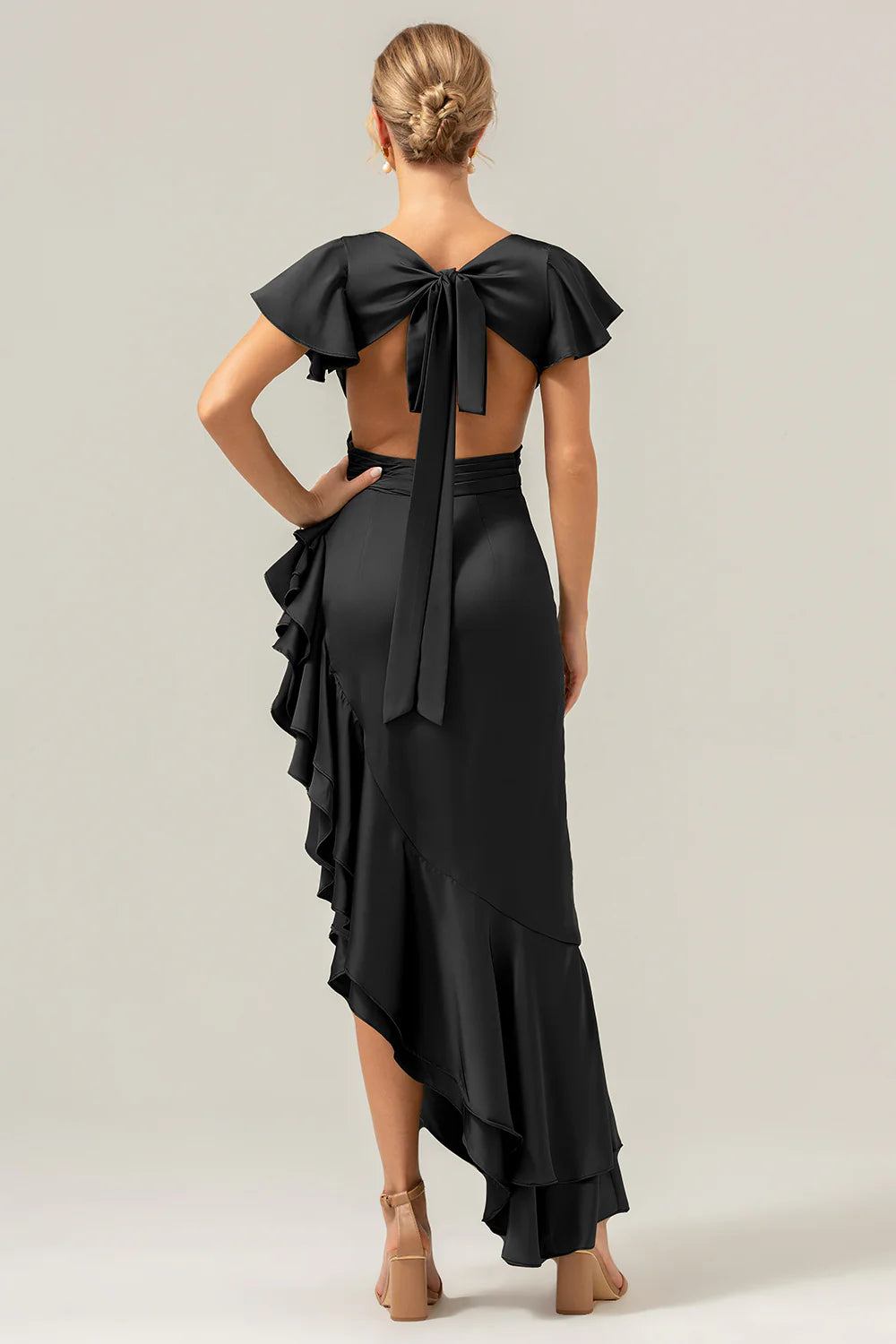 Refined Sheath V-Neck Flutter Sleeve Satin Side-Cutout Ruffle High-Low Formal Wedding Guest Dress