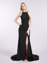 Satin Off-the-Shoulder Formal Gown High Slit Mermaid Maxi Dress with Sweep Train for Wedding Prom Evening Events