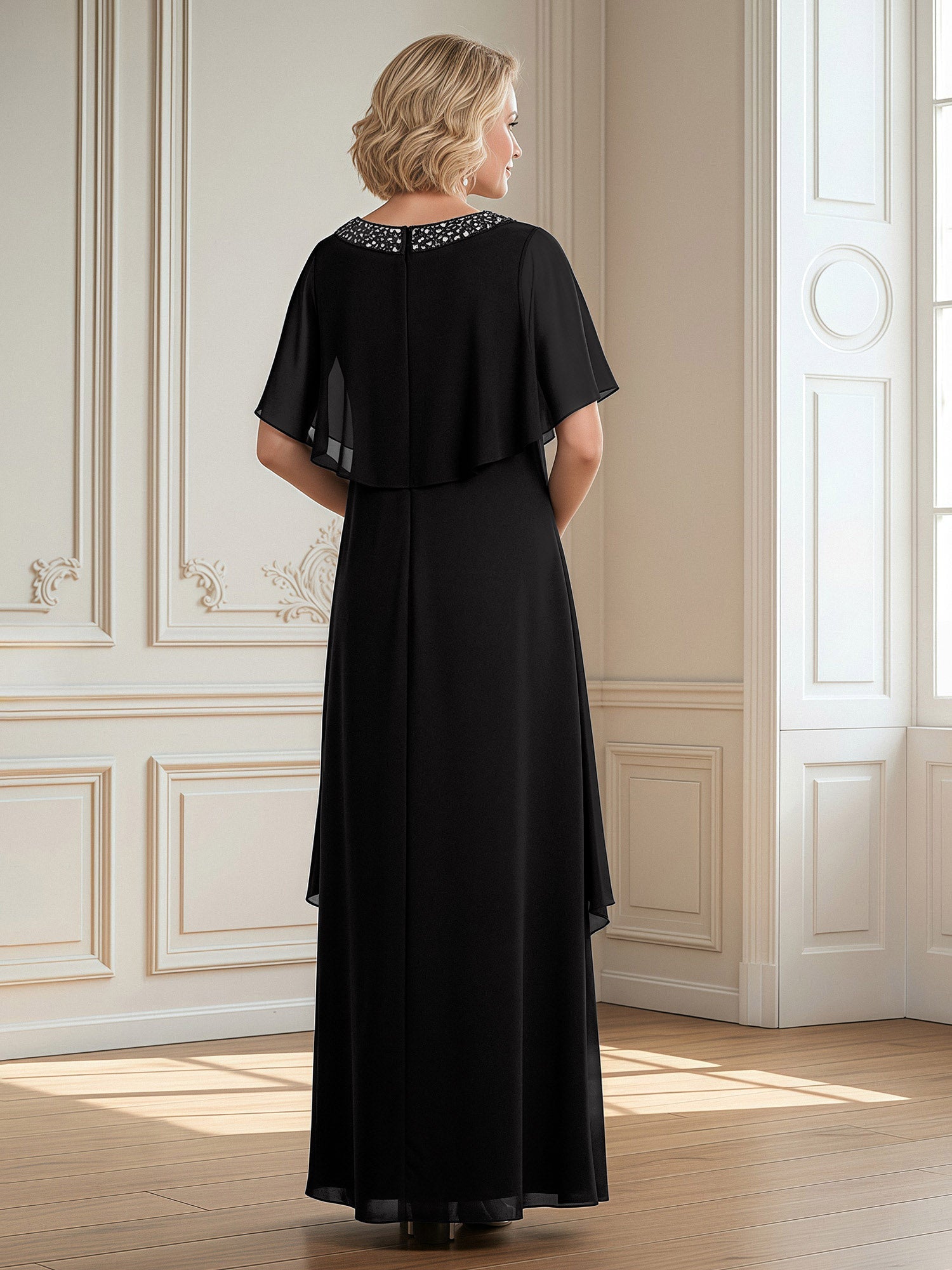 Sparkling Beaded Neckline Black Chiffon Evening Gown Layered Ruffle Mother of the Bride Dress with Short Flutter Sleeves