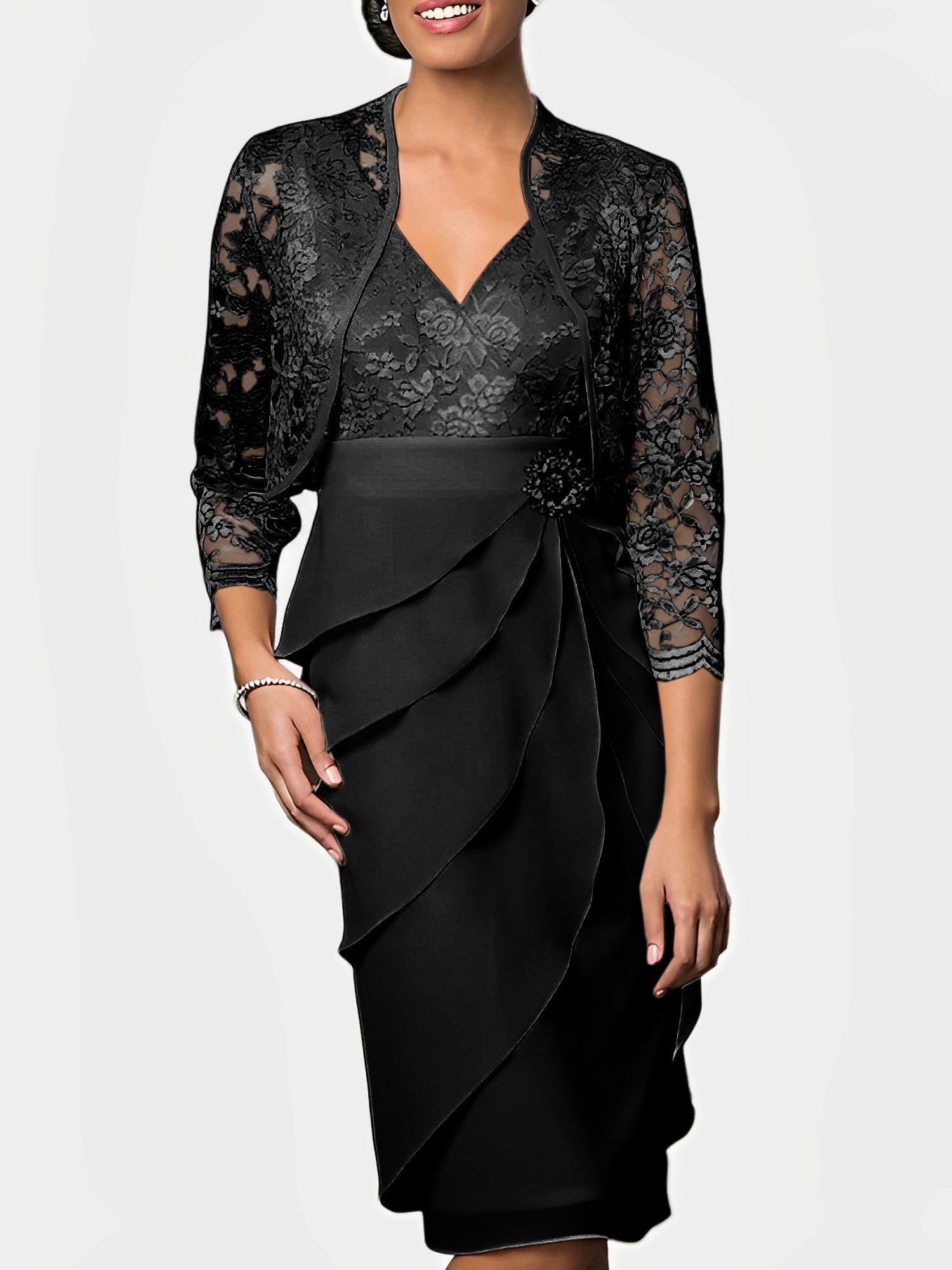 Women's Elegant Two-Piece Lace & Ruffle Formal Dress Set with Jacket Mother of the Bride Dress