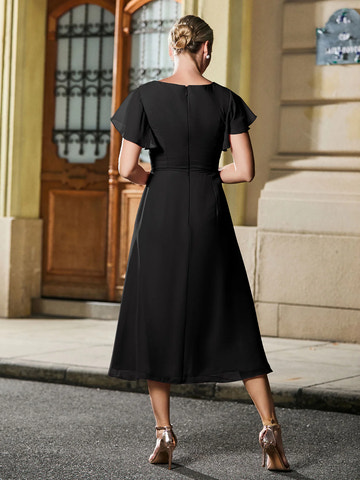Chiffon Midi Dress - V-Neck Ruffle Sleeve A-Line Tea Length Cocktail Dress