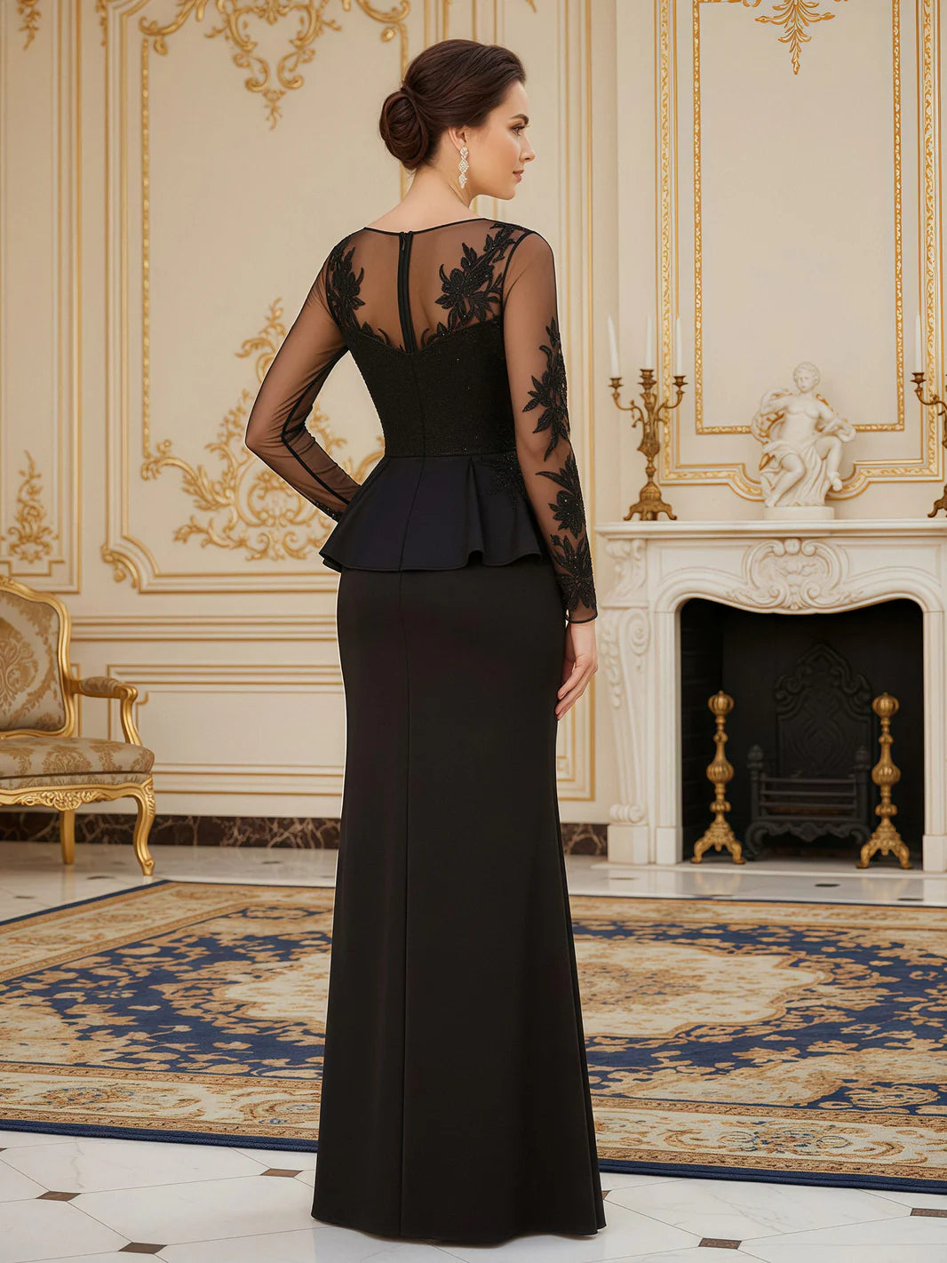 Lace Long Sleeve Mermaid Mother of the Bride Dress Peplum Formal Evening Gown With Slit
