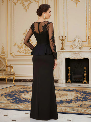 Lace Long Sleeve Mermaid Mother of the Bride Dress Peplum Formal Evening Gown With Slit