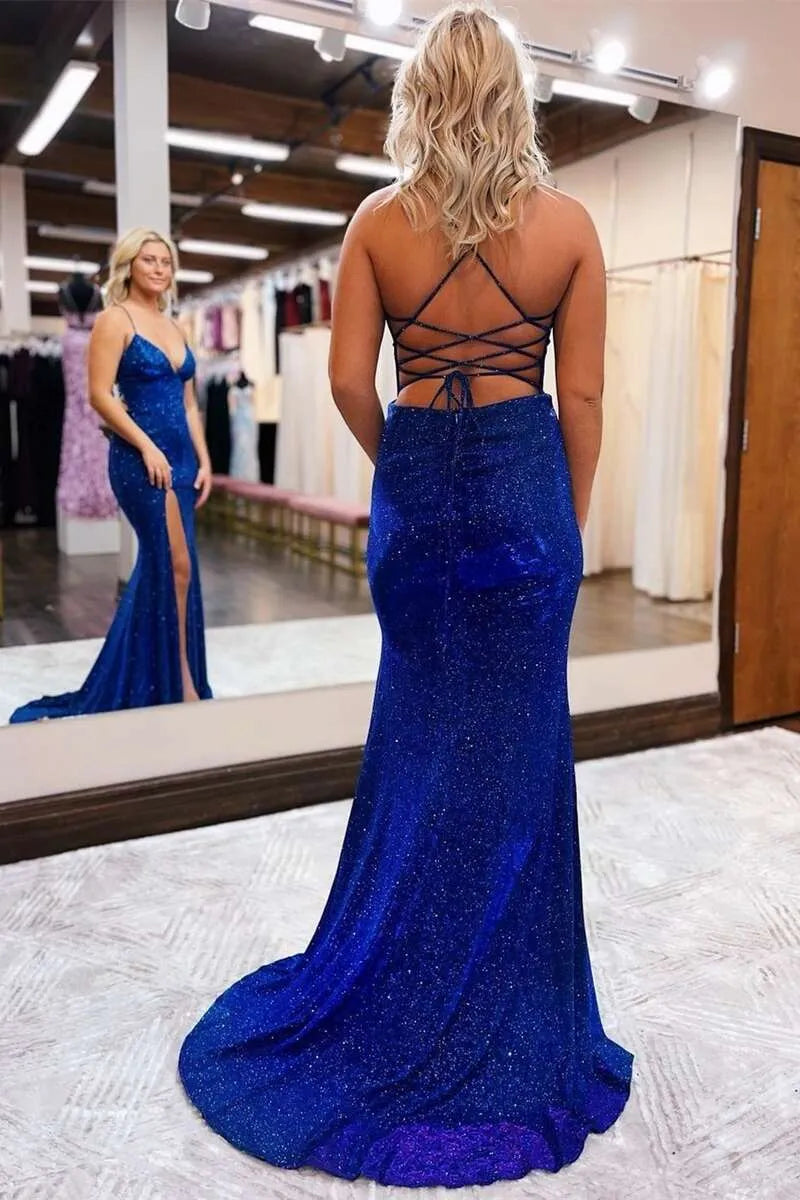 Vestido largo de fiesta sirena con purpurina negra, escote en V profundo, tirantes finos y sin espalda