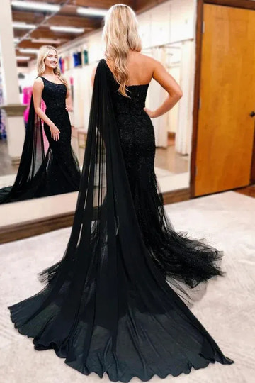 Vestido de fiesta de sirena de encaje negro con capa de un solo hombro