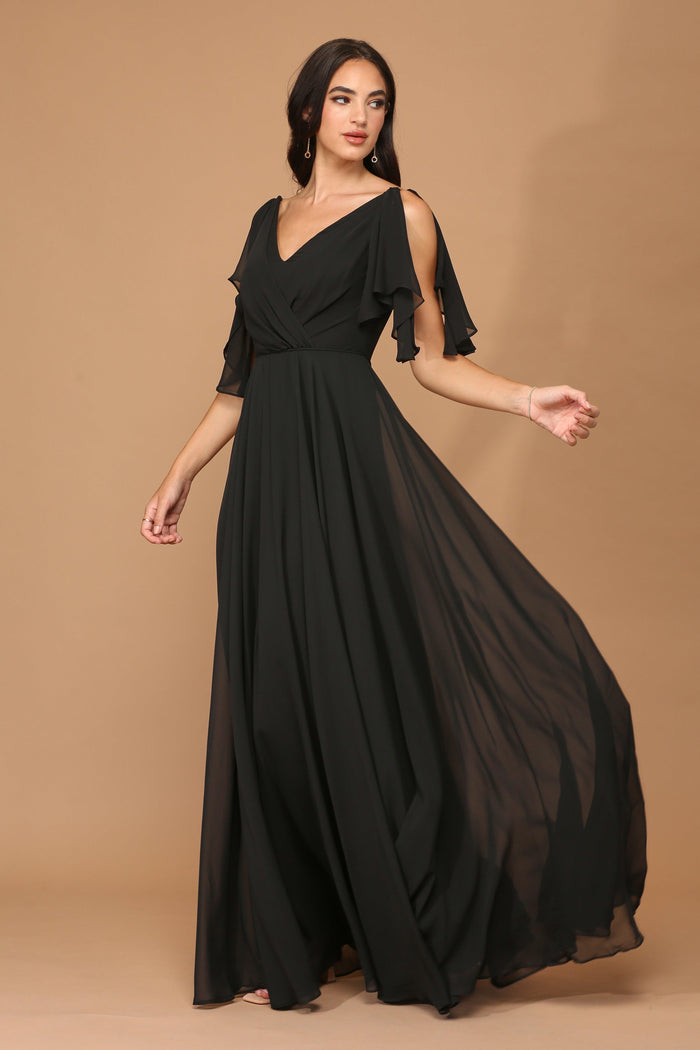 Women's V-Neck Chiffon Flutter Sleeve Ruffle Maxi Dress Long Formal Bridesmaids Dress