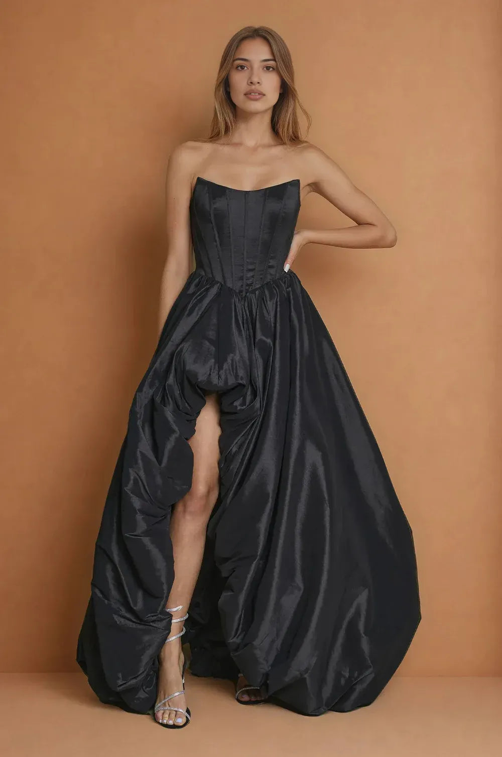 Glamorous High-Low Ball Gown Strapless Satin Corset Evening Gown with Full Skirt
