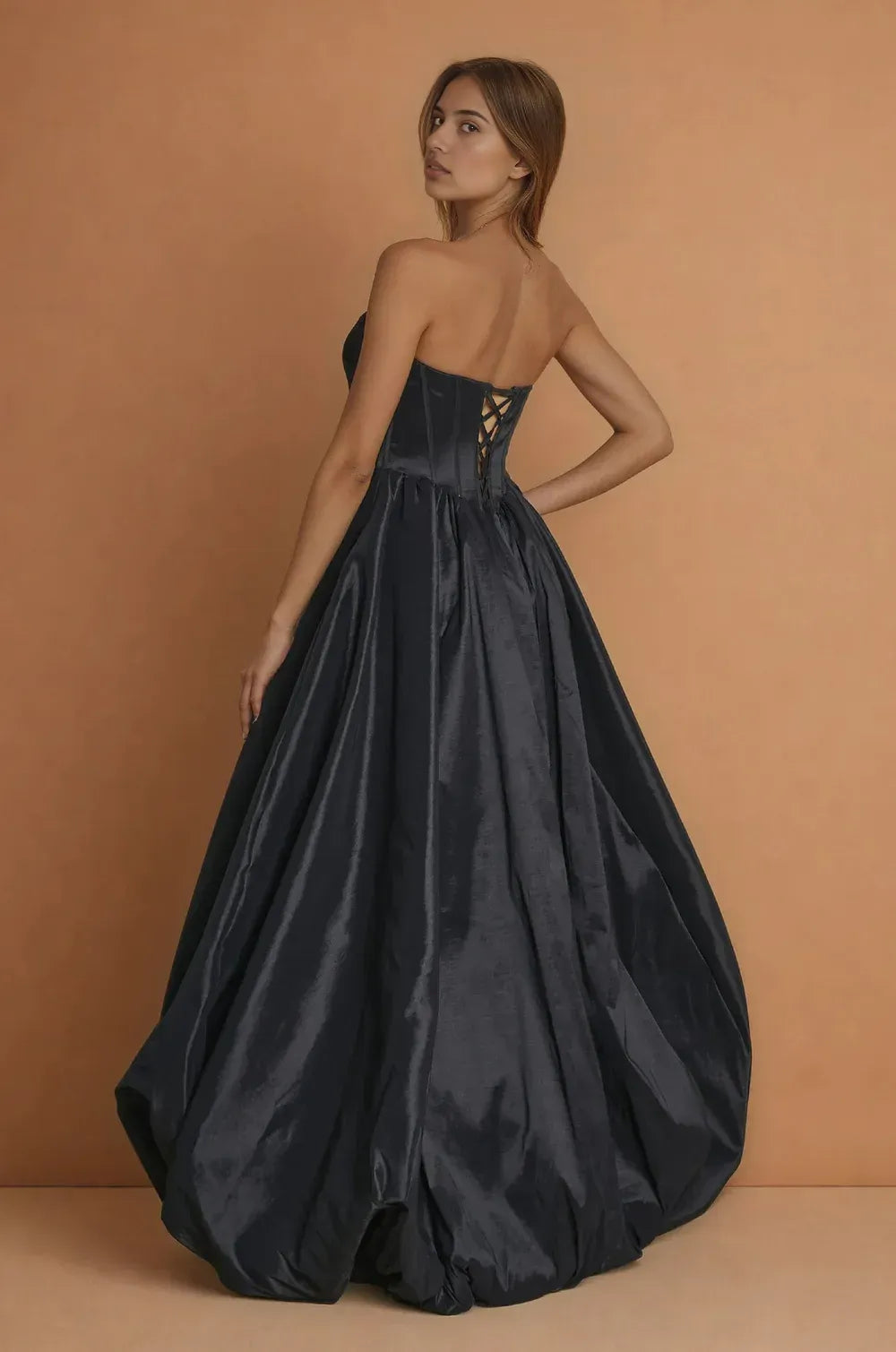 Glamorous High-Low Ball Gown Strapless Satin Corset Evening Gown with Full Skirt