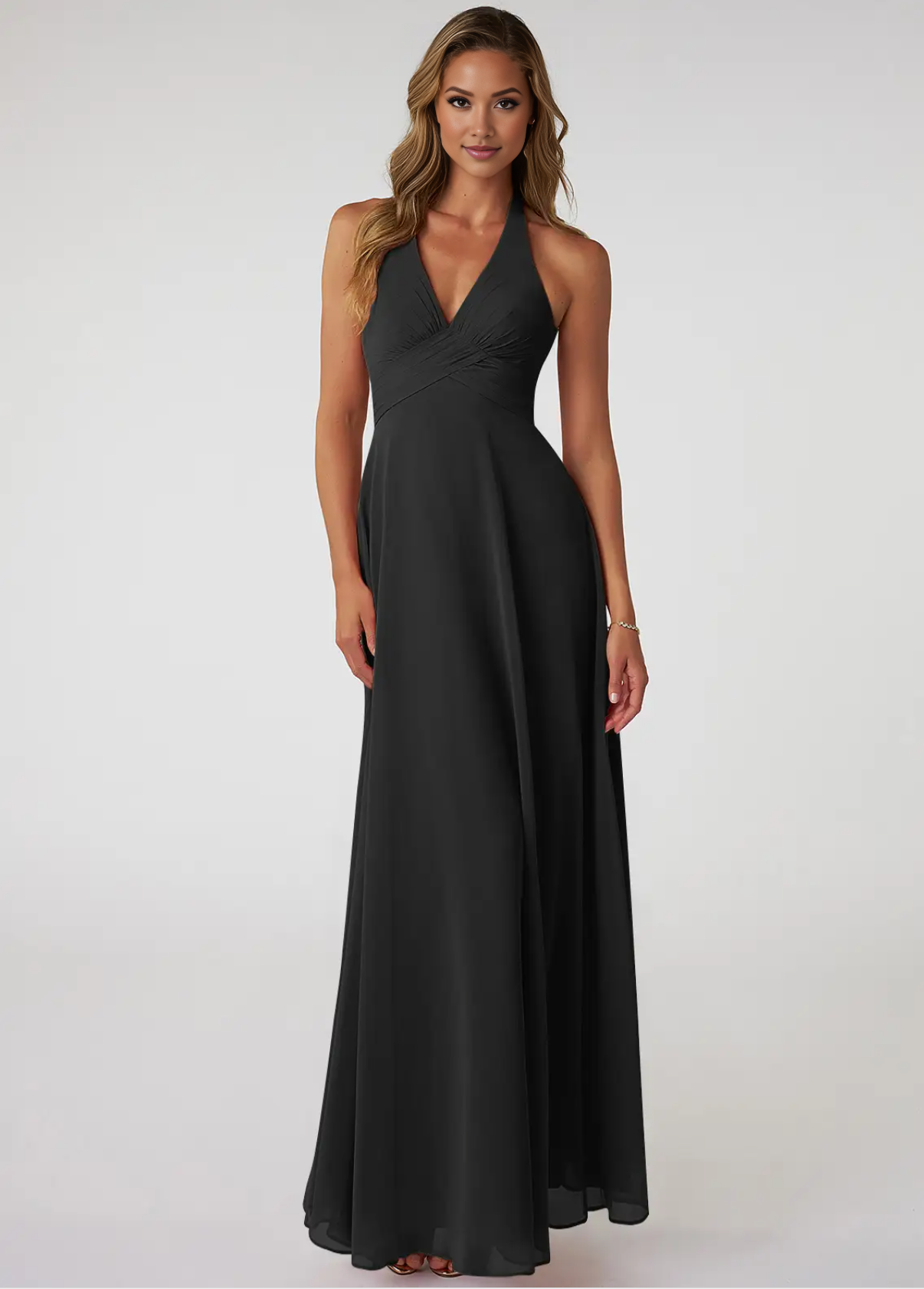 Women's  V-Neck Pleated Chiffon Coctail Bridesmaid Dresses Ruching A-Line Maxi Formal Evening Gown