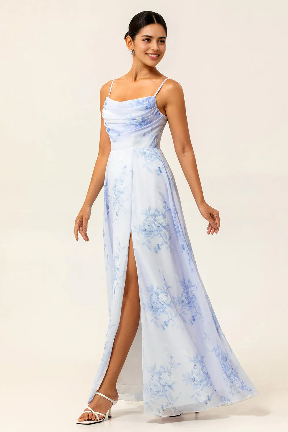 Romantic A-Line Cowl Neck Sleeveless Chiffon Floral Lace-Up High-Slit Evening Gown