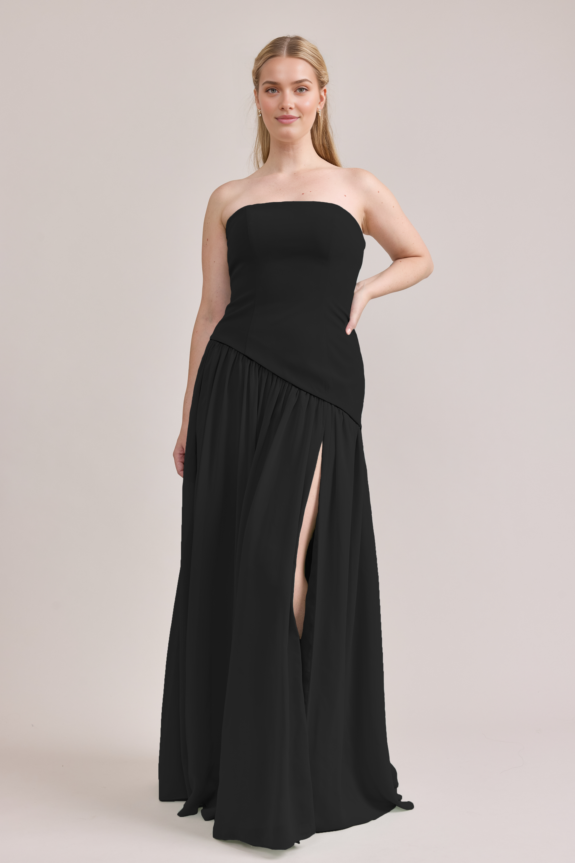 Elegant Strapless Slit Maxi Dress Crepe Chiffon Dress Outdoor Wedding Formal Events Bridesmaid Dresses Evening Gown