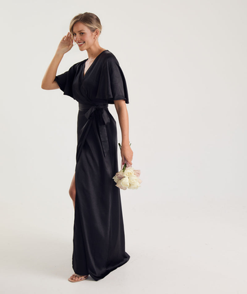 Elegant V-Neck Wrap Dress with Cape Sleeves High Slit Gown Bridesmaid Dresses Asymmetric Hem