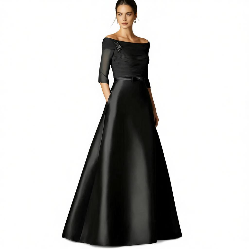 Elegant Off-the-Shoulder Satin A-Line Evening Gown with 3/4 Sheer Sleeves – Formal Dress for Mother of the Bride, Galas & Black-Tie Events
