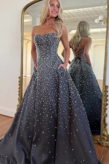 Strapless Sweetheart Neck Beaded Satin Maxi Gown with Side Pockets Formal Evening Dress for Prom & Wedding Guest