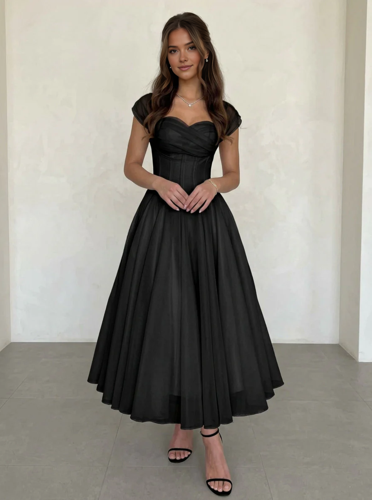 Elegant Chiffon A-Line Sweetheart Cap Sleeve Midi Wedding Dress Cocktail Dresses Tea-Length Graduation Dress