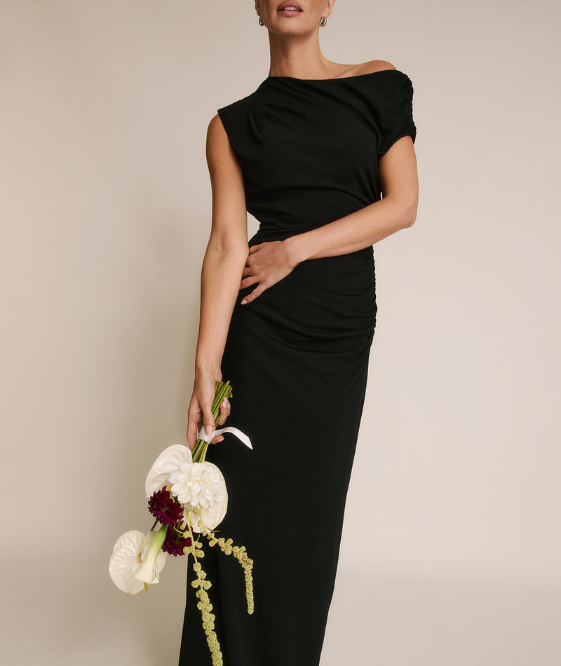 Elegant One-Shoulder Draped Maxi Dress Asymmetric Neck Stretch Fabric Bridesmaid Dress