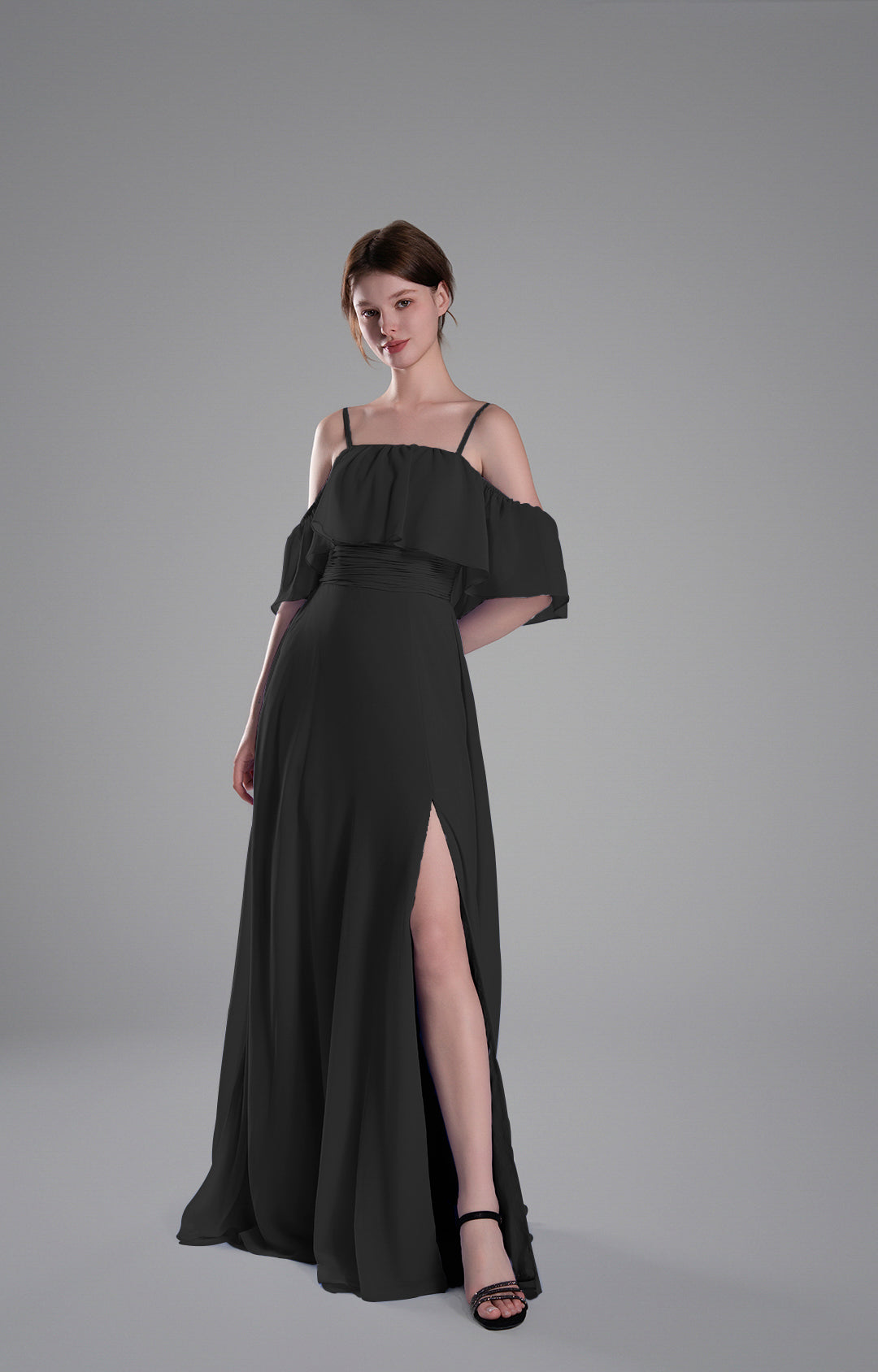 Elegant Off-the-Shoulder Chiffon Bridesmaid Dress with Ruffle Sleeves and Side Slit Floor-Length Evening Gown