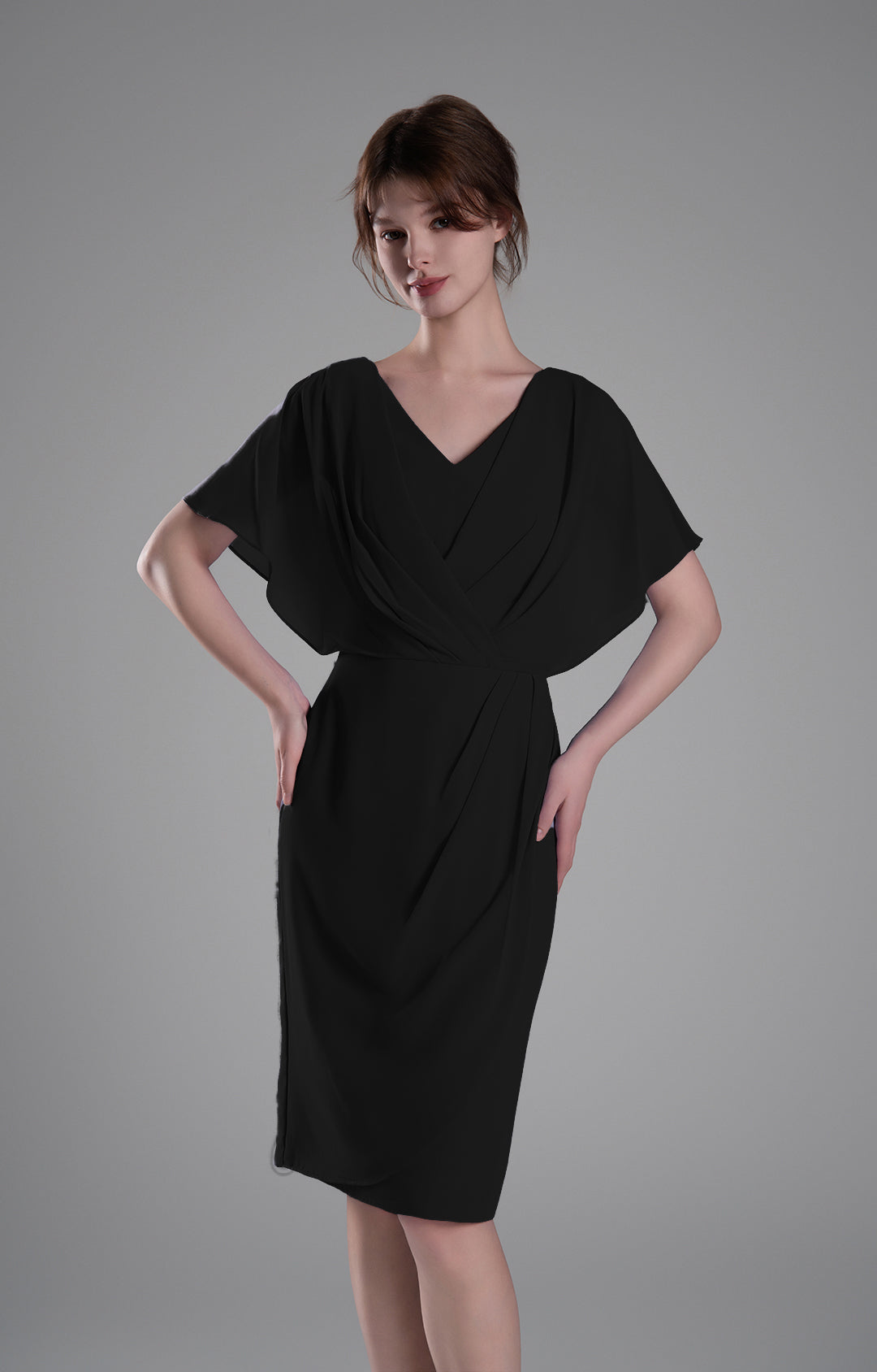 Elegant Chiffon Cocktail Dress V-Neck Pleated Cape Knee-length Flutter Sleeve Wedding Guest Dress with Ruched Waist