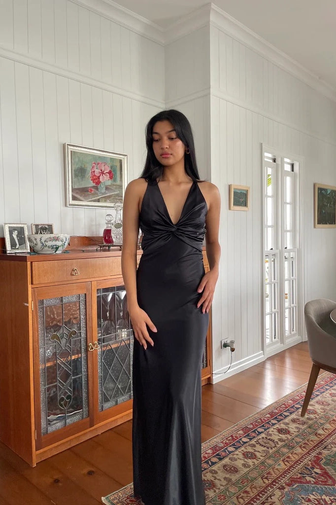 Sheath Halter Neck Soft Satin Wedding Guest Long Party Dress with Backless Bowknot Evening Dresses