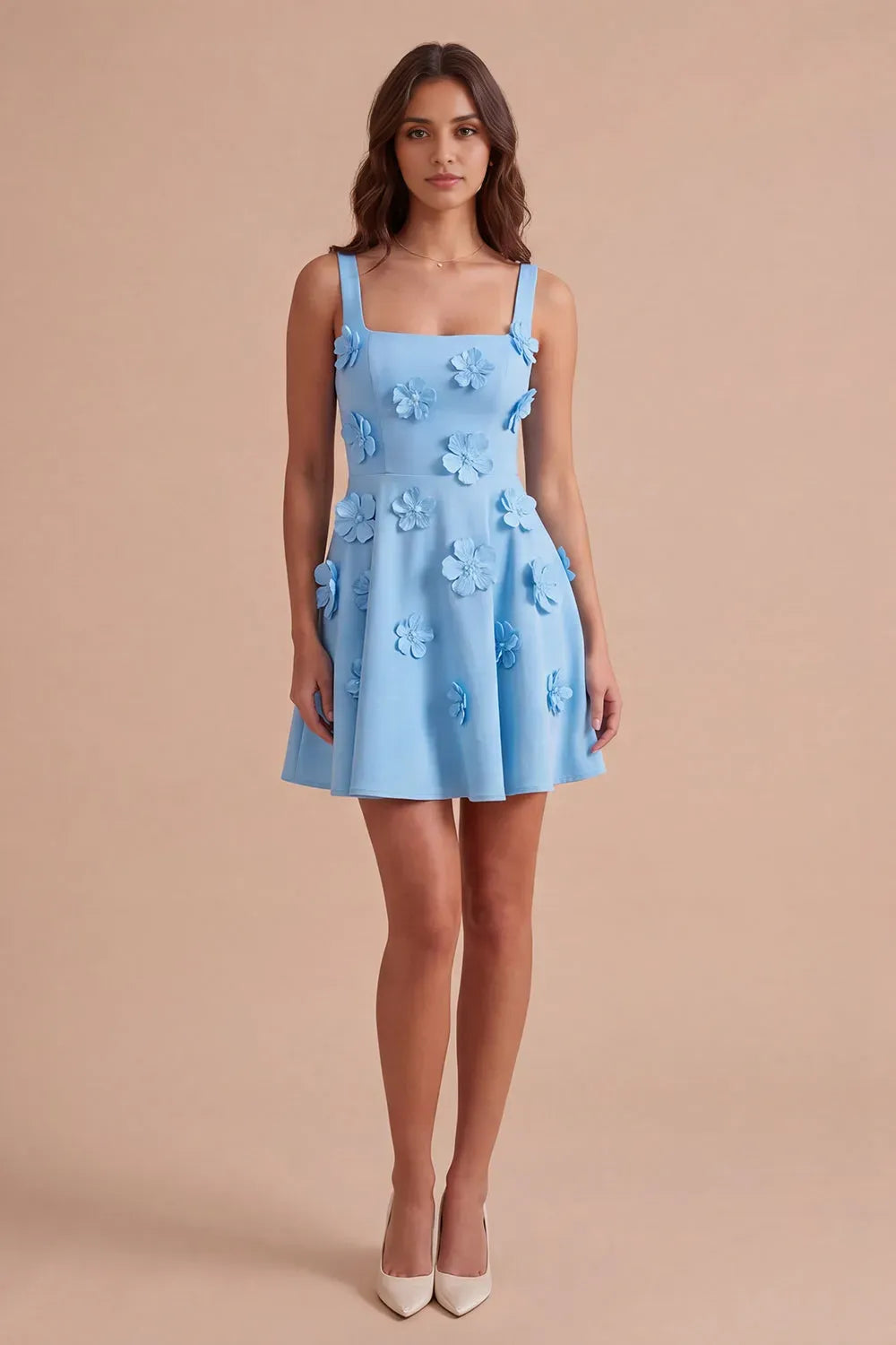 3D Floral Applique Sleeveless Square Neck Lace-Up Back Fit and Flare Mini Homecoming Dress