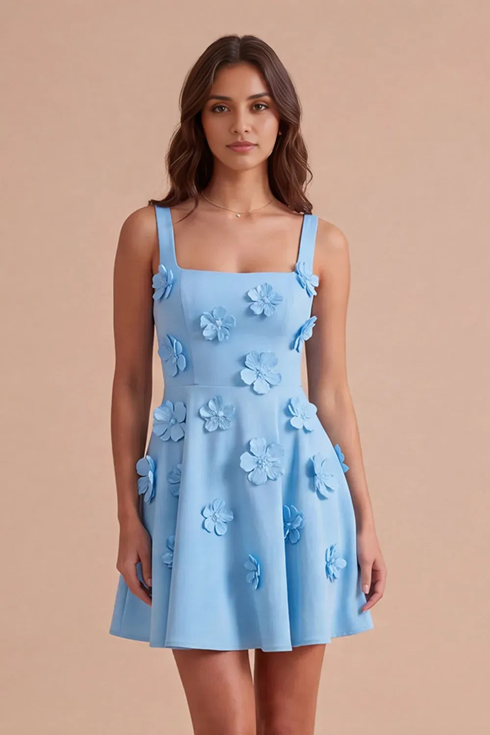 3D Floral Applique Square Neck Sleeveless Fit and Flare Mini Formal Dress