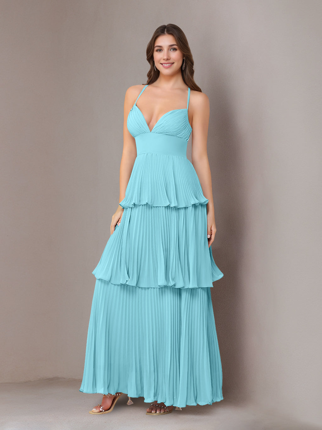 A-Line Maxi Dress Spaghetti Straps Sleeveless Floor-Length Chiffon Wedding Guest Bridesmaid Dresses with Pleated