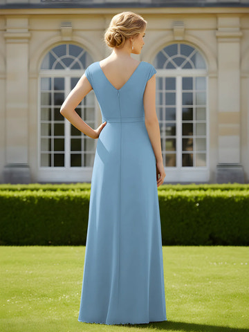 V-Neck Cap Sleeve Chiffon Evening Gown Formal Mother of the Bride Dress