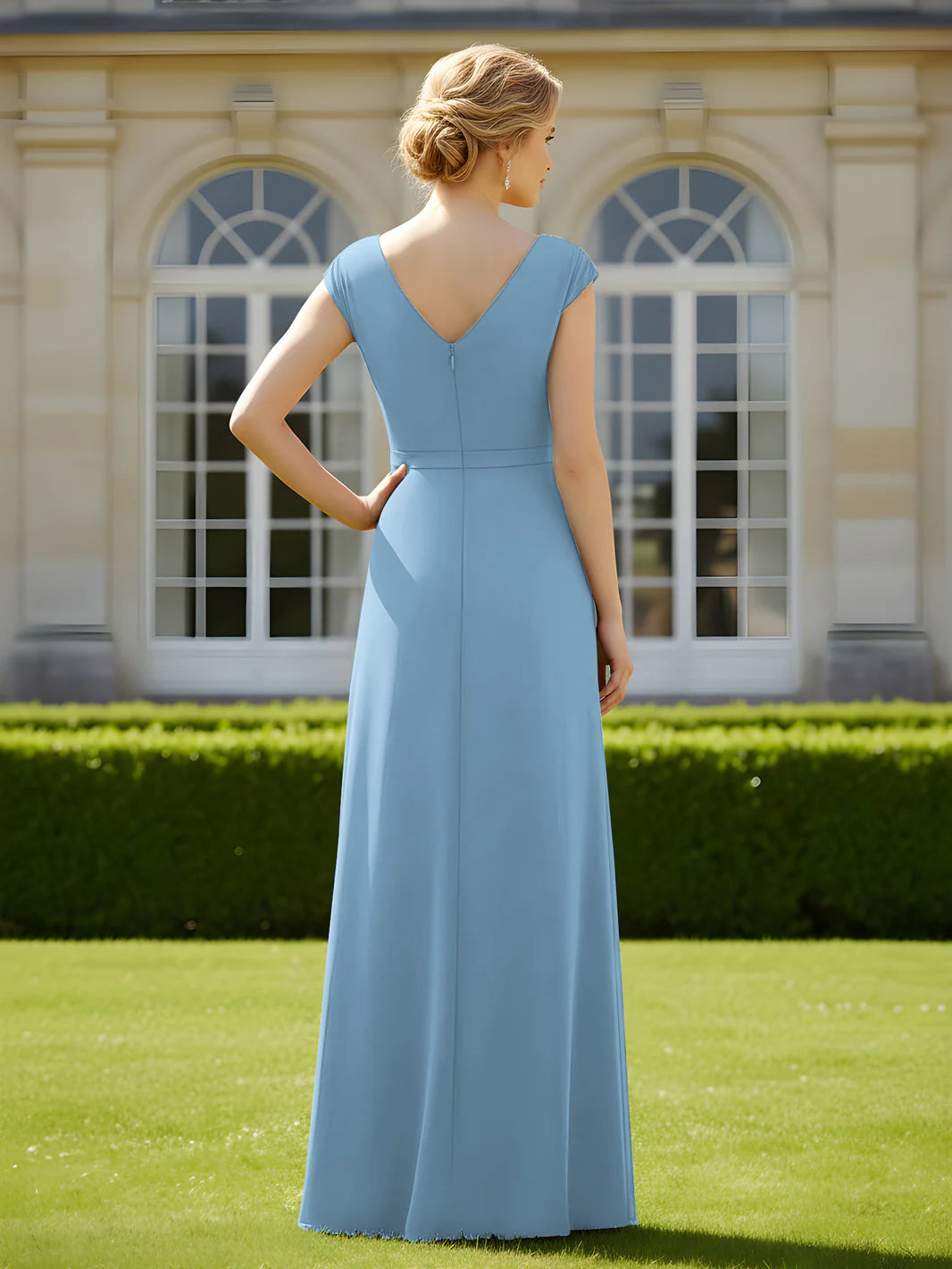 V-Neck Cap Sleeve Chiffon Evening Gown Formal Mother of the Bride Dress