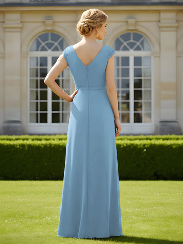 V-Neck Cap Sleeve Chiffon Evening Gown Formal Mother of the Bride Dress
