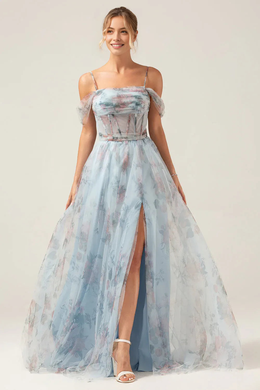 Cold Shoulder A-Line Off Shoulder Floral Tulle Corset High Slit Prom Dress