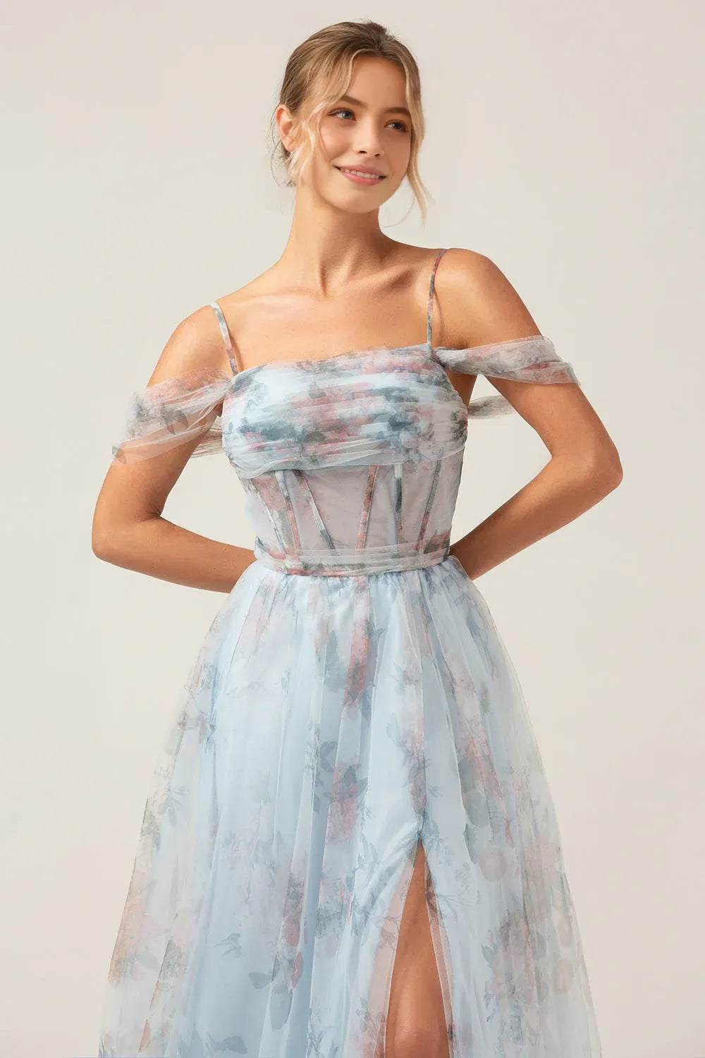 Cold Shoulder A-Line Off Shoulder Floral Tulle Corset High Slit Prom Dress
