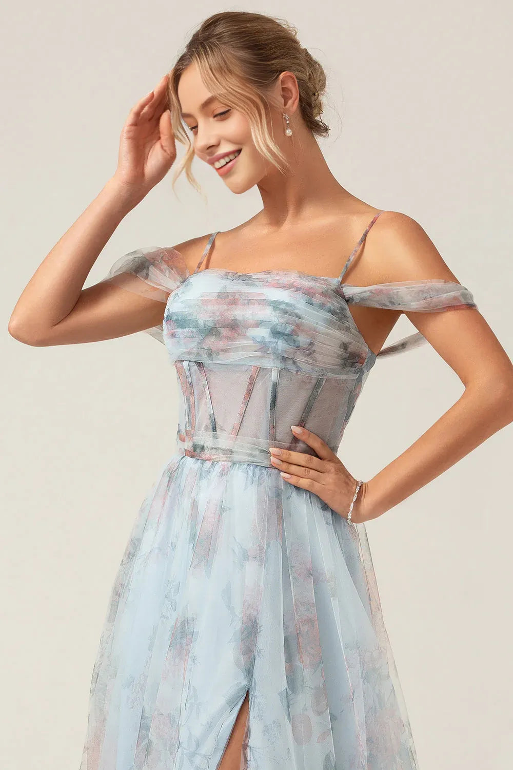 Cold Shoulder A-Line Off Shoulder Floral Tulle Corset High Slit Prom Dress