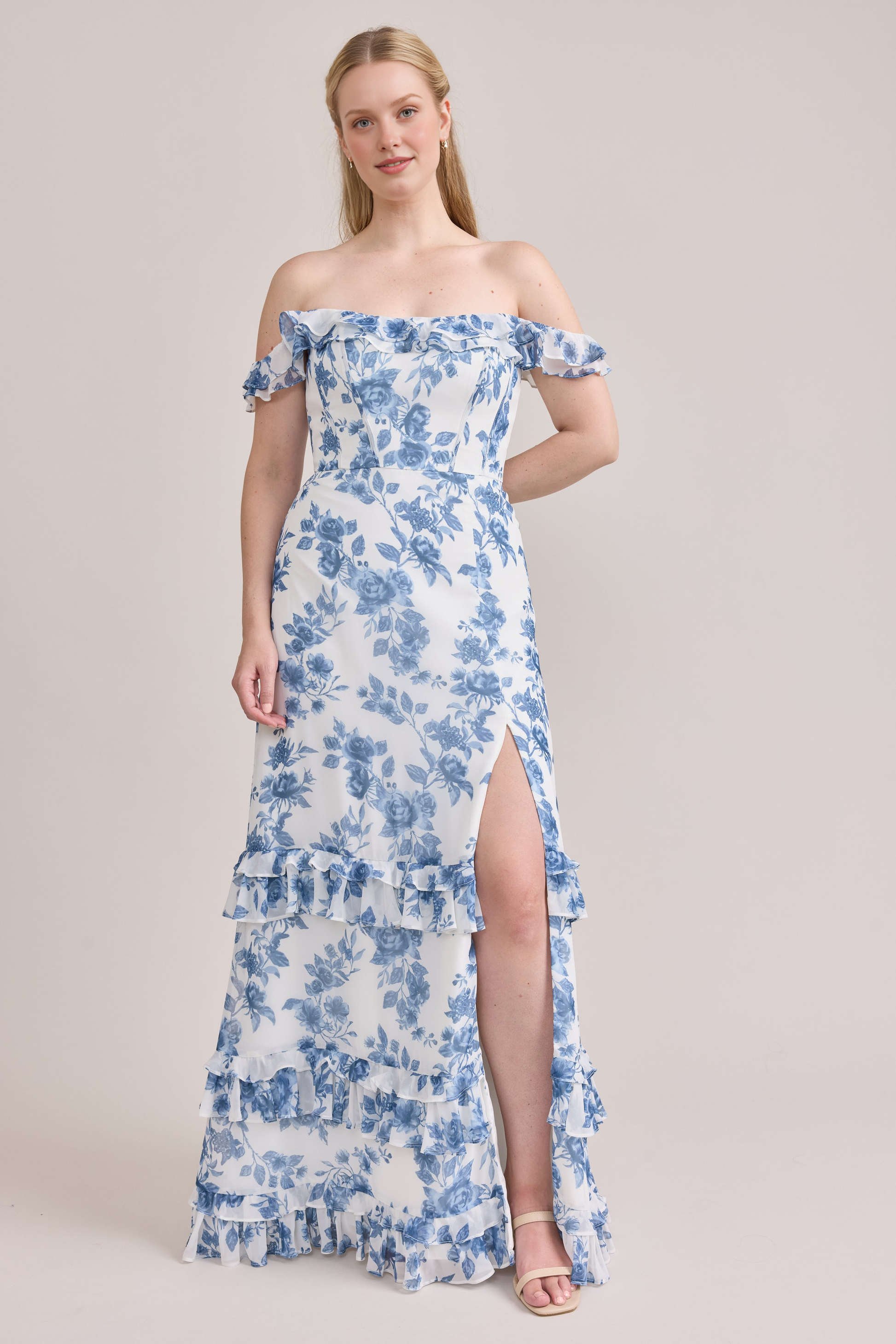 Vestido maxi de chifón con estampado floral, hombros descubiertos, mangas con volantes, formal para fiesta de graduación o dama de honor con abertura alta para mujer