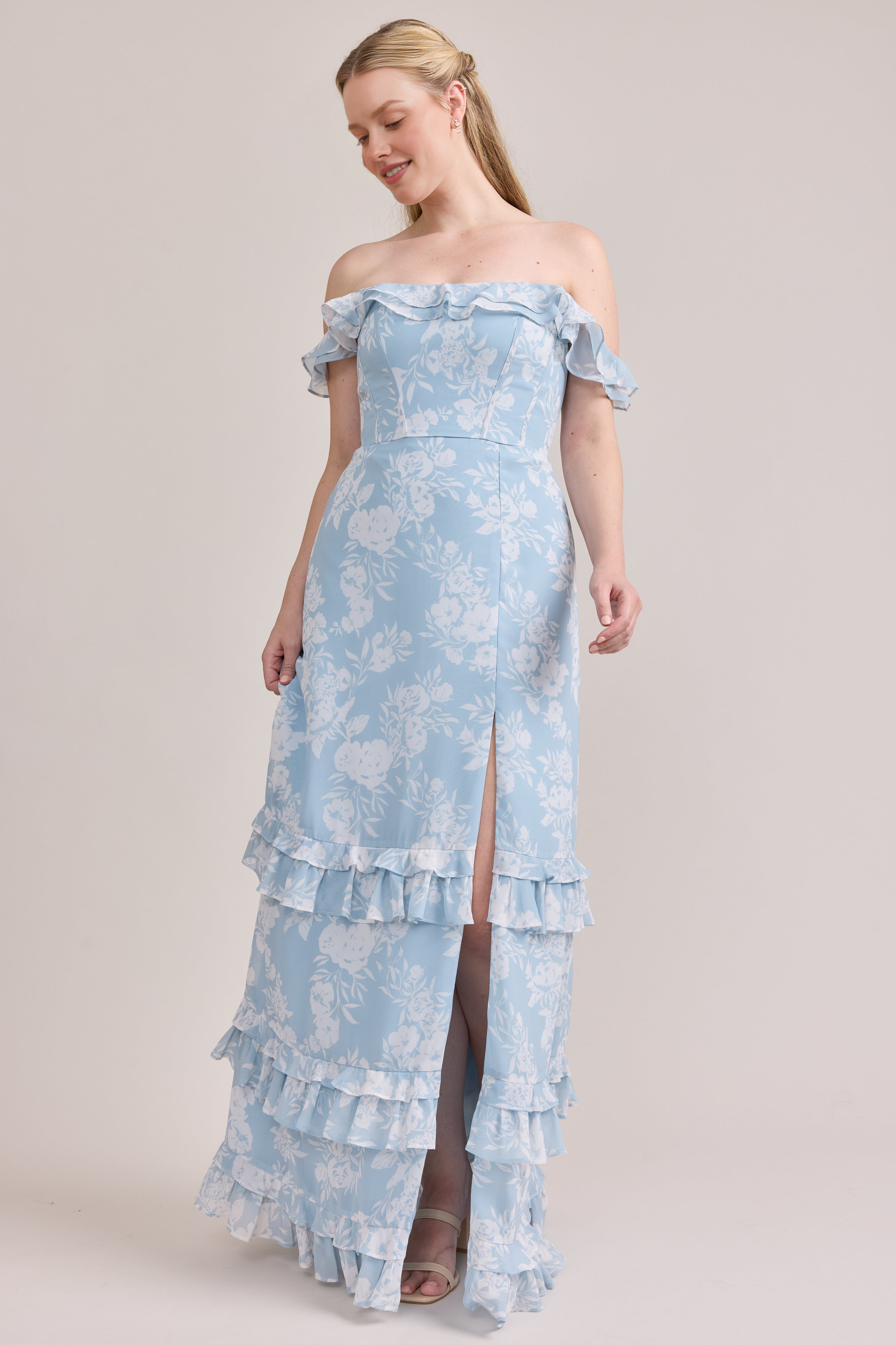 Vestido maxi de chifón con estampado floral, hombros descubiertos, mangas con volantes, formal para fiesta de graduación o dama de honor con abertura alta para mujer