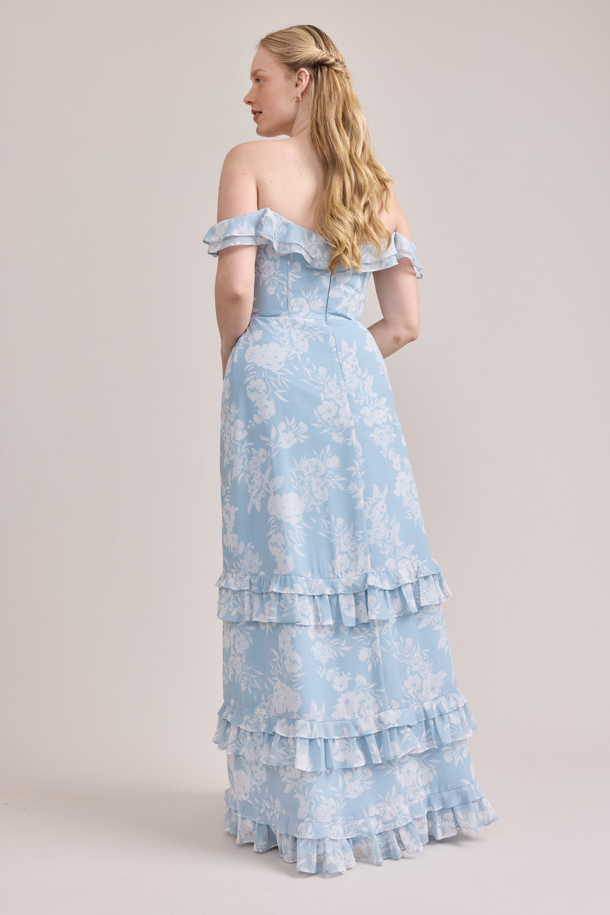 Vestido maxi de chifón con estampado floral, hombros descubiertos, mangas con volantes, formal para fiesta de graduación o dama de honor con abertura alta para mujer