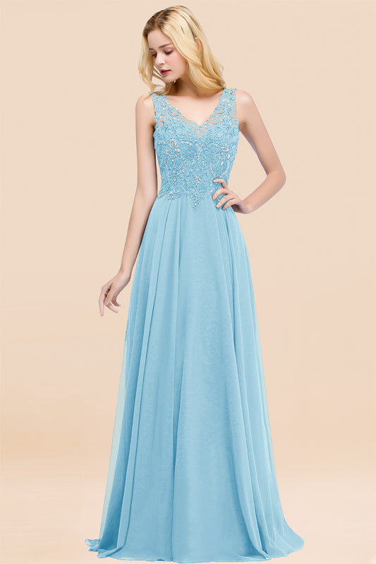 A-line V Neck Sleeveless Chiffon Applique Lace Floor Length Bridesmaid Dresses