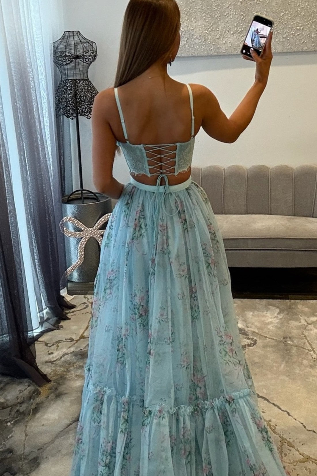 Spaghetti Strap Sweetheart Neck Floral Print Prom Dress Tulle Two-Piece Maxi Dress with Lace Corset