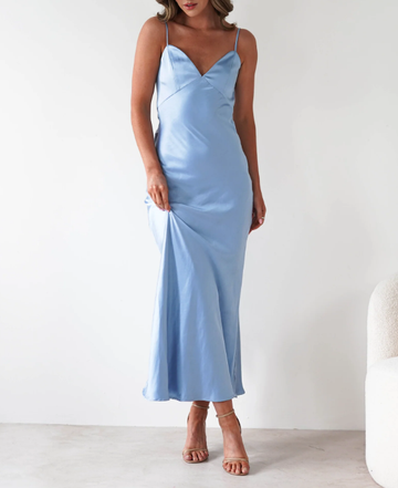 Elegant Women's V-Neck Spaghetti Strap Silky Maxi Dress Backless Sexy Party Wedding Guest Dresses